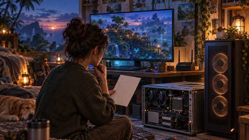 A player checks a home server beside a monitor showing a Palworld island base.