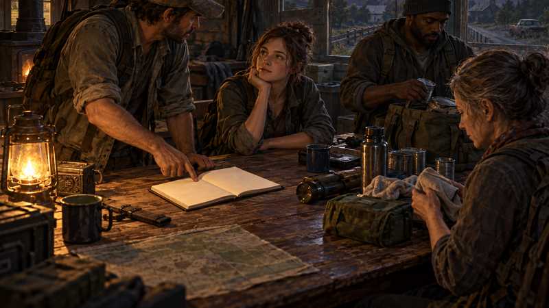 A small survivor group calmly reviews a blank notebook and supplies inside a boarded Kentucky safehouse